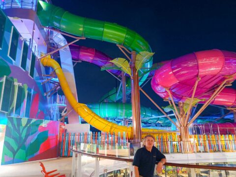 The father-son duo acted like guests some of the time, with early access to spectacular Icon of the Seas amusements like this colorful, convoluted water park.